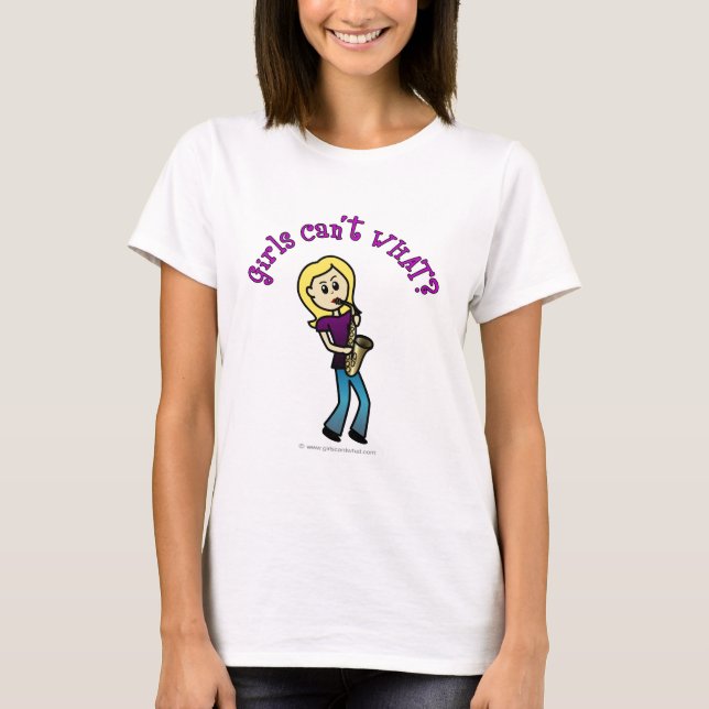 Blonde Girl spelar saxofon T-shirt (Framsida)