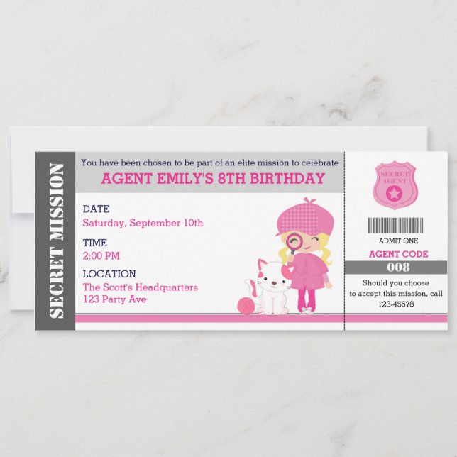 Blonde Girl Spy / Biljett Birthday Inbjudningar (Framsida)