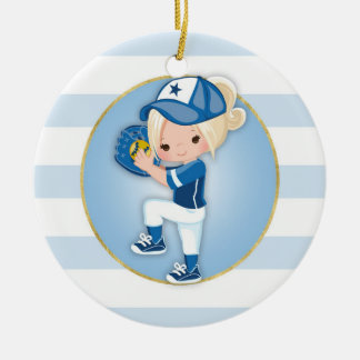 Blonde Girls Blue Softball Julgransprydnad Keramik
