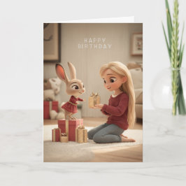 Blonde Giving Bunny in Red Dress Birthday Gift Kort