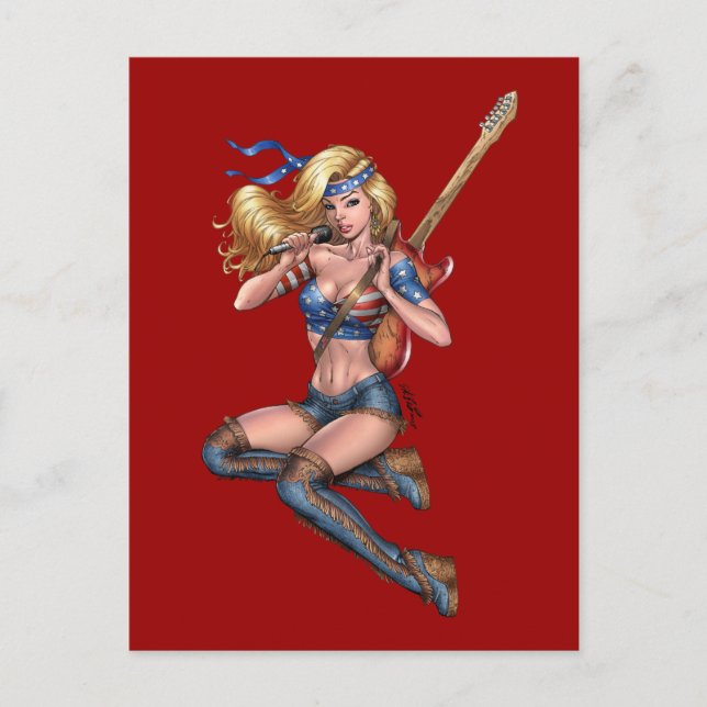 Blonde Guitar Player med amerikansk Flagga av Al R Vykort (Framsida)