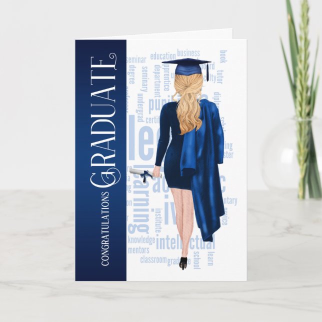 Blonde Hair Blue Cap och Gown Female Student Kort (Framsida)