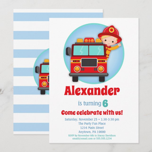 Blonde Hair Boys Firefighter Birthday-inbjudan Inbjudningar (Fram/baksida)