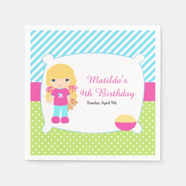 Blonde Hair Girl Sleepover Slumber Party Pappersservett (Framsidan)