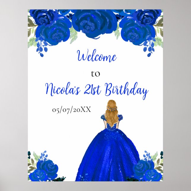 Blonde Hair Princess Blue Floral Birthday Welcome Poster (Framsidan)
