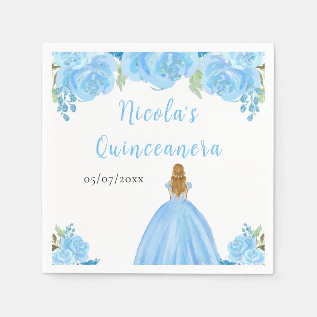 Blonde Hair Princess Blue Floral Quinceanera Pappersservett (Framsidan)