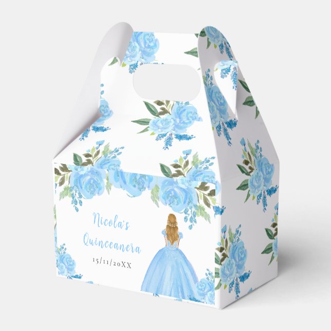 Blonde Hair Princess Blue Floral Quinceanera Presentaskar (Framsidan Sidan)
