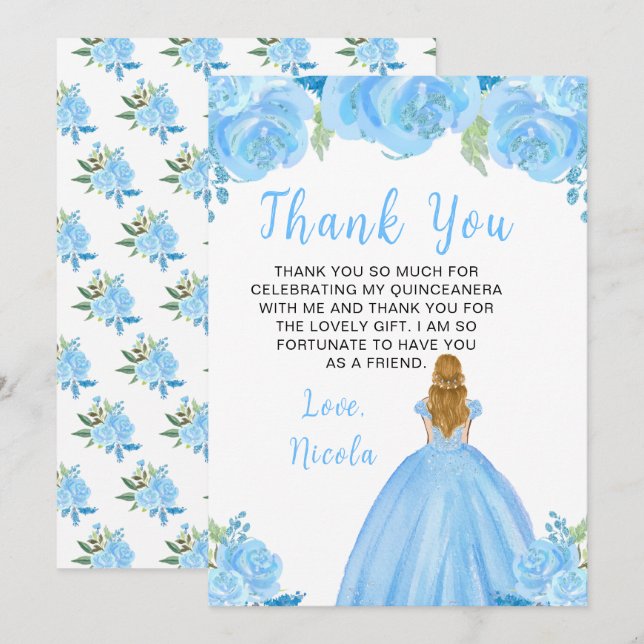 Blonde Hair Princess Blue Floral Quinceanera Tack Kort (Fram/baksida)