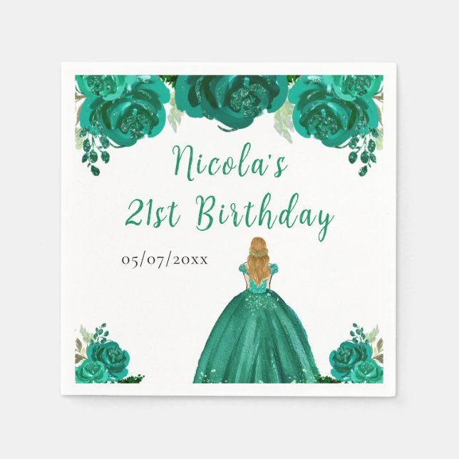 Blonde Hair Princess Green Floral Birthday Party Pappersservett (Framsidan)