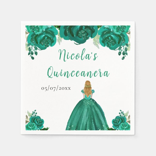 Blonde Hair Princess Green Floral Quinceanera Pappersservett (Framsidan)