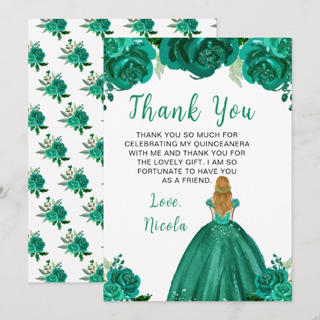 Blonde Hair Princess Green Floral Quinceanera Tack Kort (Fram/baksida)