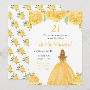 Blonde Hair Princess Guld Blommigt Födelsedagsfest Inbjudningar