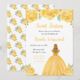 Blonde Hair Princess Guld Blommigt Sweet sixteen Inbjudningar