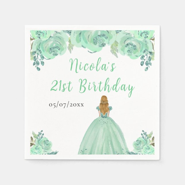 Blonde Hair Princess Mint Floral Birthday Party Pappersservett (Framsidan)