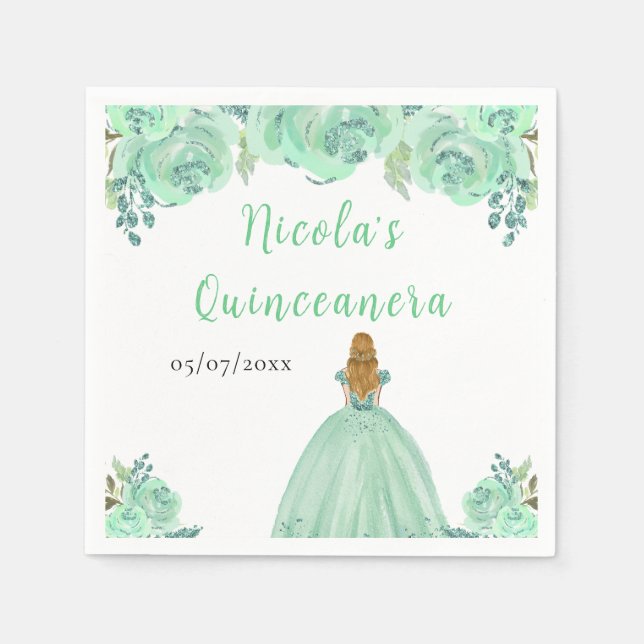 Blonde Hair Princess Mint Floral Quinceanera Pappersservett (Framsidan)