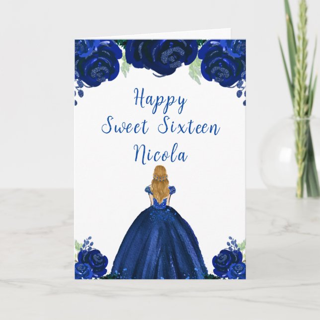 Blonde Hair Princess Navy Blommigt Sweet sixteen Kort (Framsida)