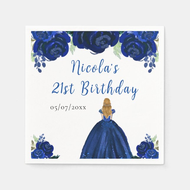 Blonde Hair Princess Navy Floral Birthday Party Pappersservett (Framsidan)