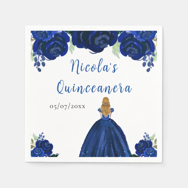 Blonde Hair Princess Navy Floral Quinceanera Pappersservett (Framsidan)