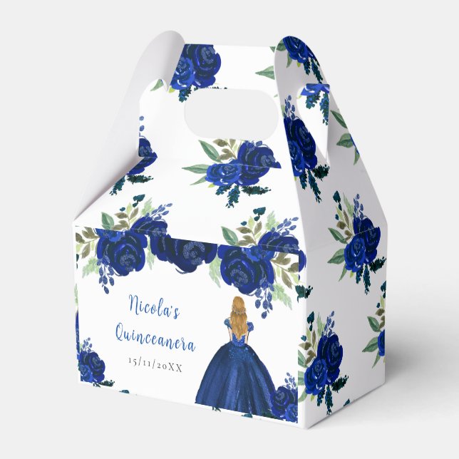 Blonde Hair Princess Navy Floral Quinceanera Presentaskar (Framsidan Sidan)