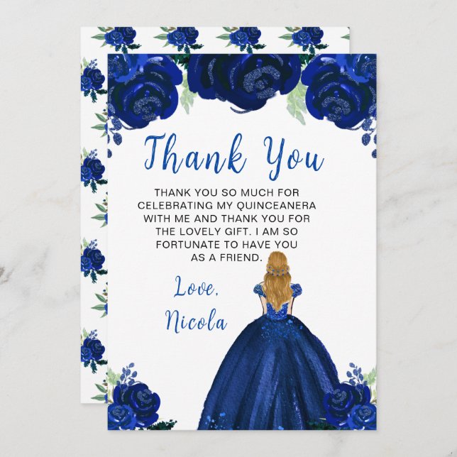 Blonde Hair Princess Navy Floral Quinceanera Tack Kort (Fram/baksida)