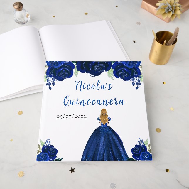Blonde Hair Princess Navy Quinceanera Guest Book Gästböcker (Framsidan öppen)