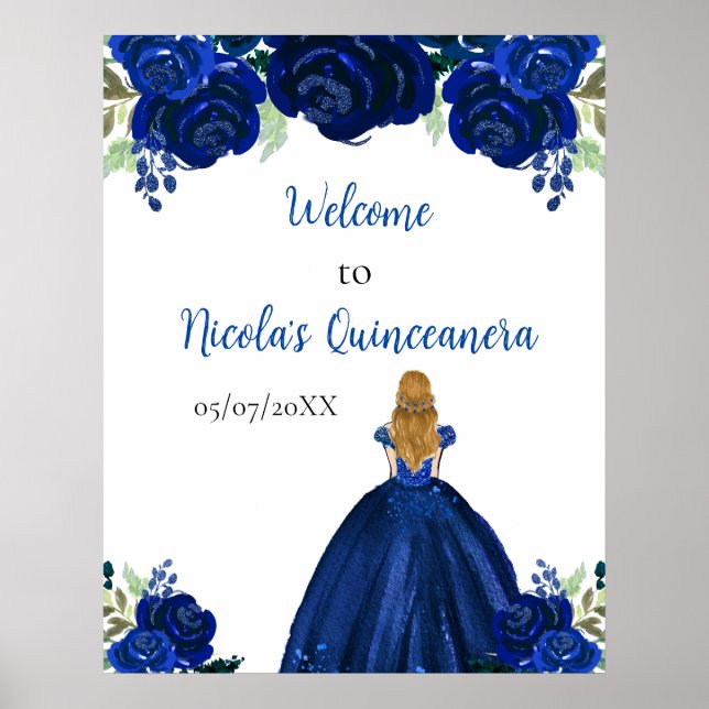 Blonde Hair Princess Navy Quinceanera Welcome Poster (Framsidan)