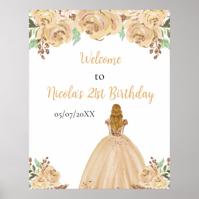 Blonde Hair Princess Peach Floral Birthday Welcome Poster (Framsidan)