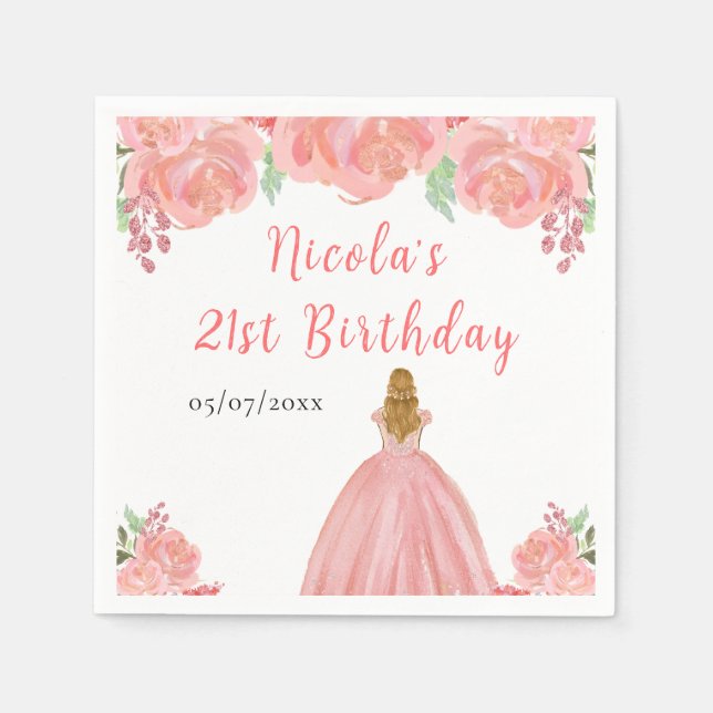 Blonde Hair Princess Pink Floral Birthday Party Pappersservett (Framsidan)