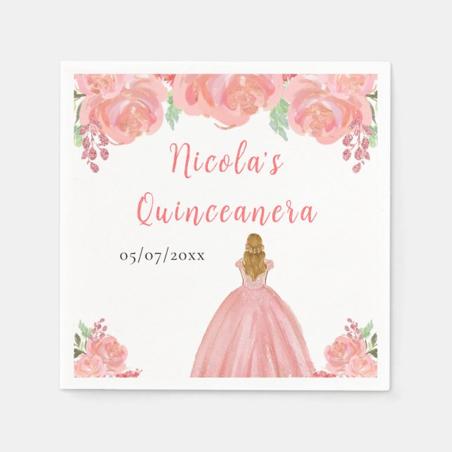 Blonde Hair Princess Pink Floral Quinceanera Pappersservett (Framsidan)