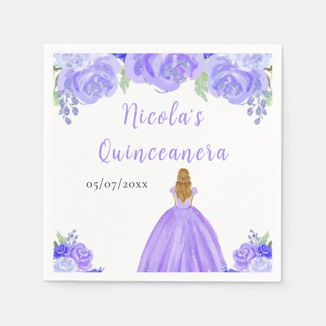 Blonde Hair Princess Purple Floral Quinceanera Pappersservett (Framsidan)