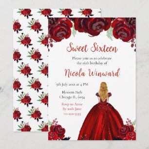 Blonde Hair Princess Red Blommigt Sweet sixteen Inbjudningar