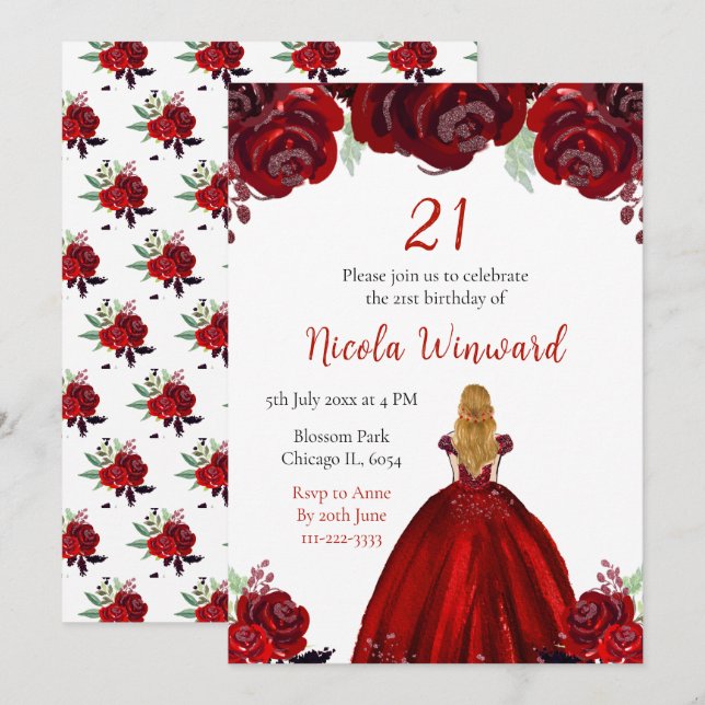 Blonde Hair Princess Red Floral Birthday Party Inbjudningar (Fram/baksida)