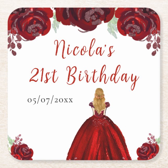 Blonde Hair Princess Red Floral Birthday Underlägg Papper Kvadrat (Framsidan)
