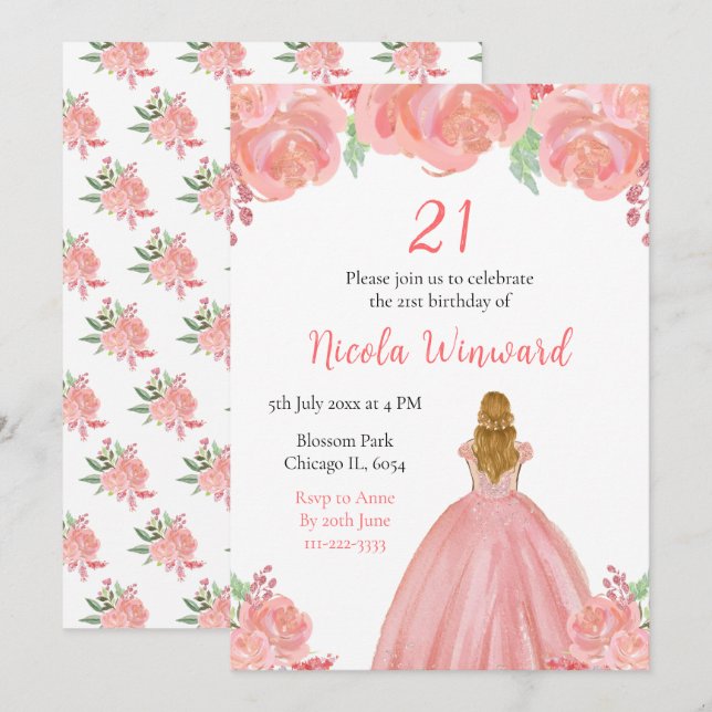 Blonde Hair Princess Rosa Blommigt Födelsedagsfest Inbjudningar (Fram/baksida)