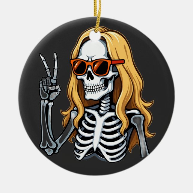Blonde Hair Skeleton Giving Peace Sign  Julgransprydnad Keramik (Framsidan)