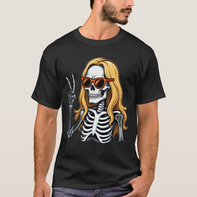 Blonde Hair Skeleton Giving Peace Sign  T Shirt (Framsida)