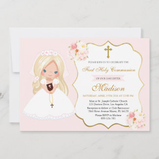 Blonde haired Girl First Communion Soft Pink Inbjudningar