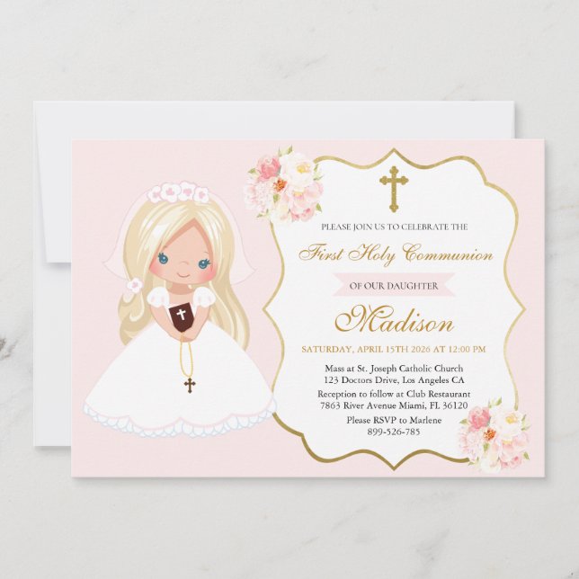 Blonde haired Girl First Communion Soft Pink Inbjudningar (Framsida)