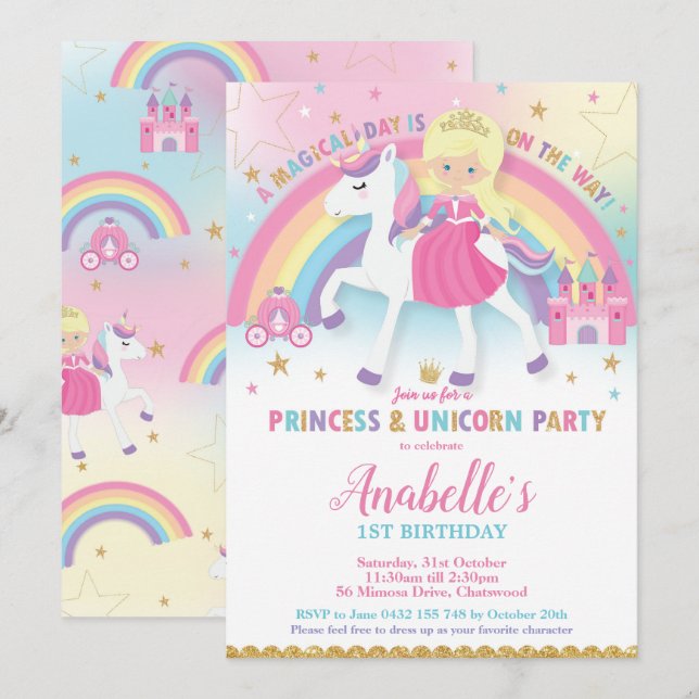 Blonde-inbjudan till Princess och Unicorn Inbjudningar (Fram/baksida)