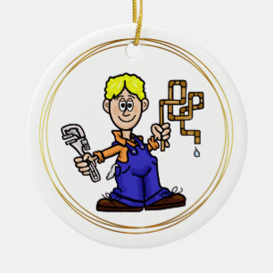 Blonde Male Plumber med koppar Rör Ornament