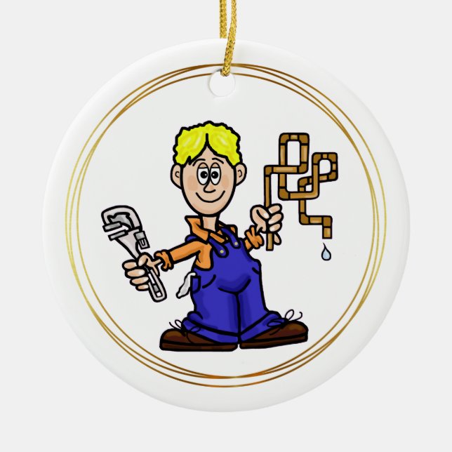 Blonde Male Plumber med koppar Rör Ornament (Framsidan)