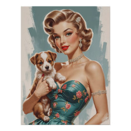 Blonde Pin-Up med söt valp Perfect Poster
