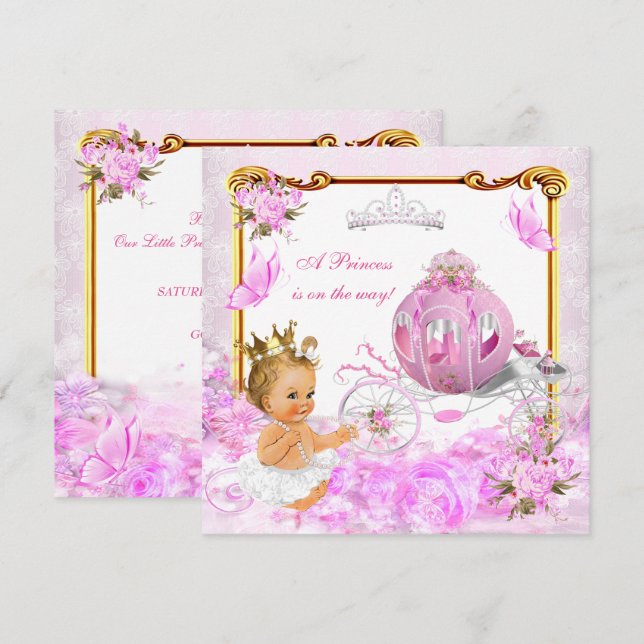 Blonde Princess Baby Shower Rosa Guld Carriage Inbjudningar (Fram/baksida)
