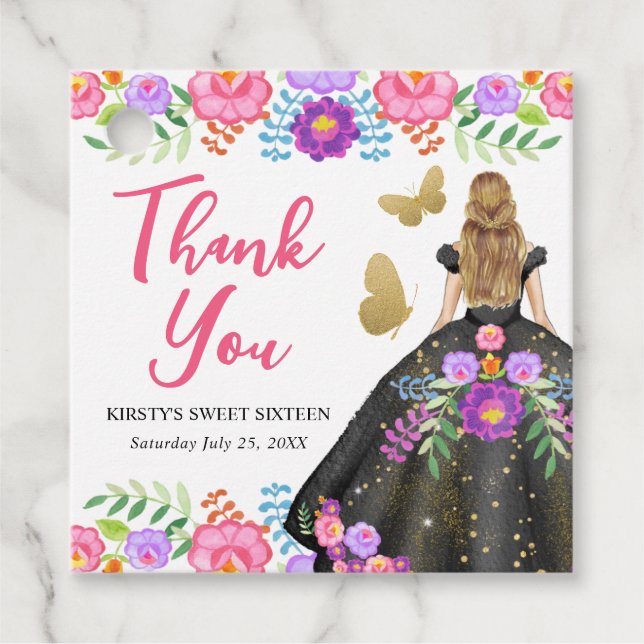 Blonde Princess Mexikanska Blommigten Dress Sweet  Gåvor Etiketter (Framsida)