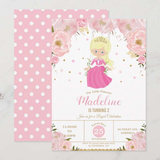 Blonde Princess Rosa Blommigt Födelsedagsfest Inbjudningar (Fram/baksida)