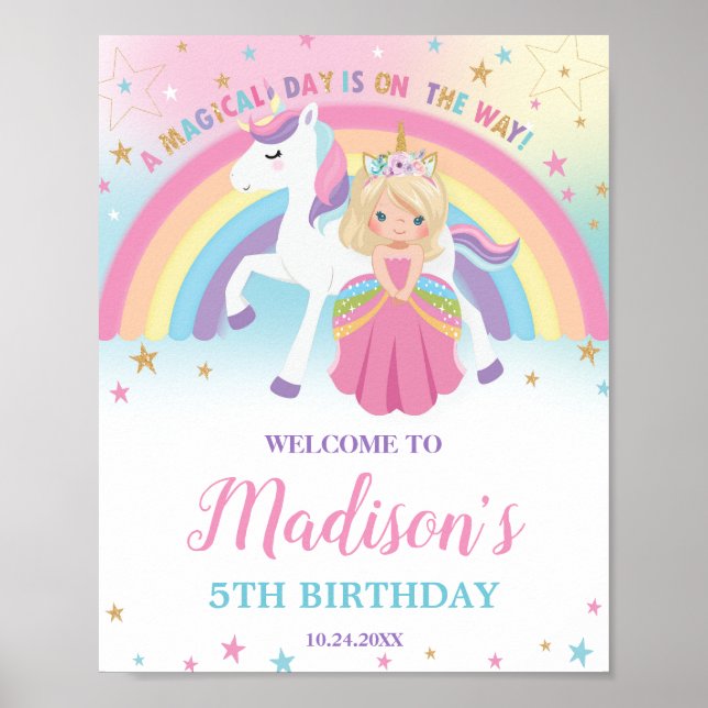 Blonde Princess Unicorn Birthday Rainbow Välkommen Poster (Framsidan)
