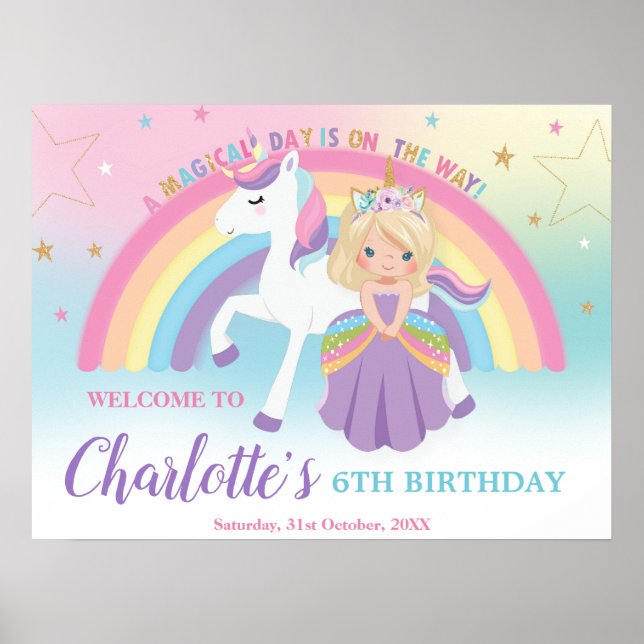 Blonde Princess Unicorn Birthday Rainbow Välkommen Poster (Framsidan)