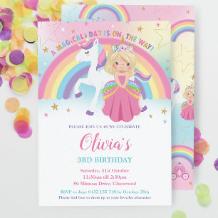 Blonde Princess Unicorn Birthday Rosa Rainbow Inbjudningar