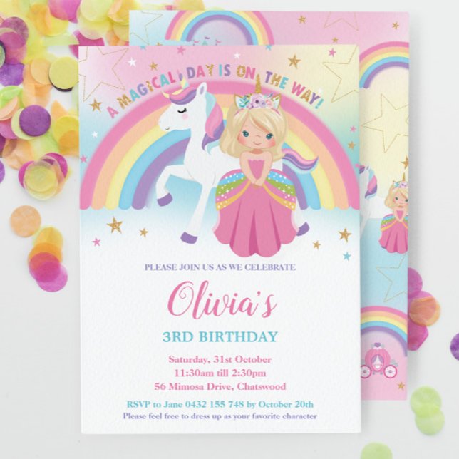 Blonde Princess Unicorn Birthday Rosa Rainbow Inbjudningar (Skapare uppladdad)