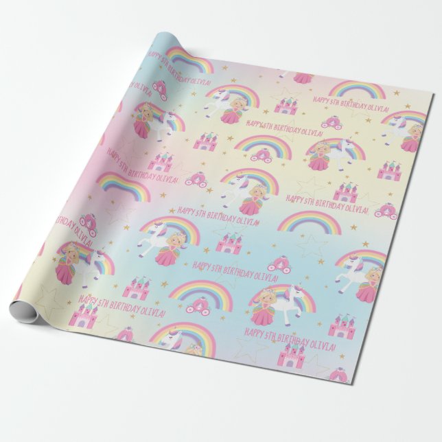 Blonde Princess Unicorn Rainbow Birthday Custom Presentpapper (Utrullad)
